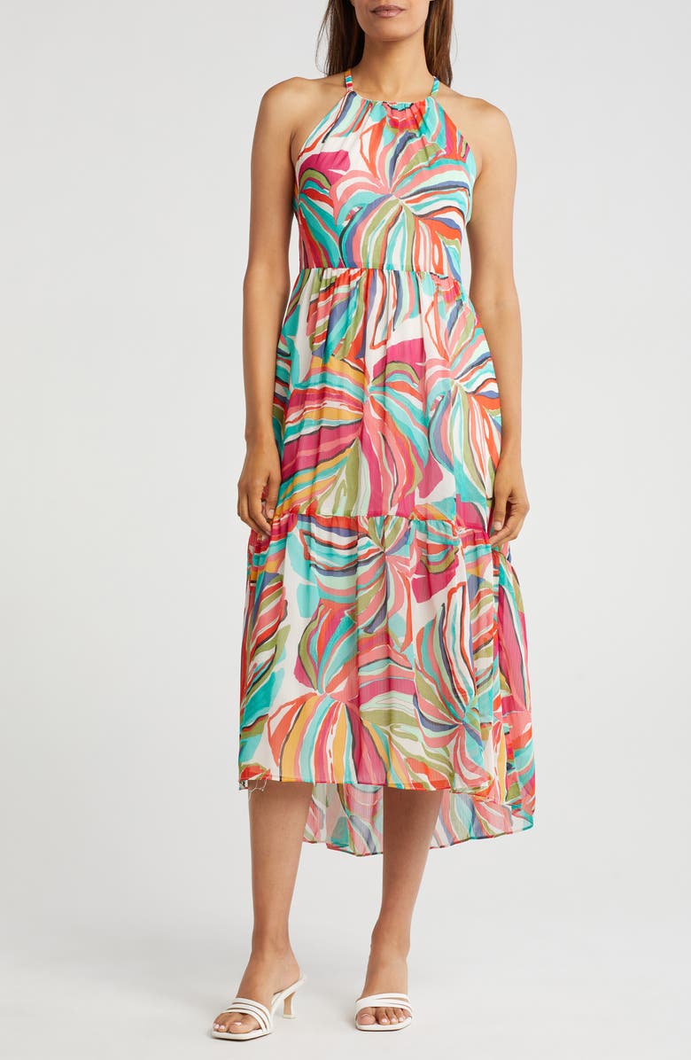 Vince Camuto Halter Neck Chiffon High-Low Midi Dress, Main, color, Pink Multi