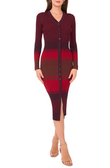 1.state Stripe Long Sleeve Button Front Sweater Dress In Burgundy