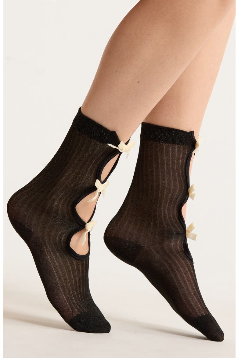 Velvet Bow Socks, Main, color, BLACK/ OFF WHITE