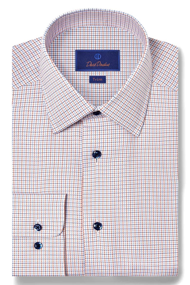 Trim Fit Micro Dobby Check Dress Shirt, Main, color, BLUE/ ORANGE