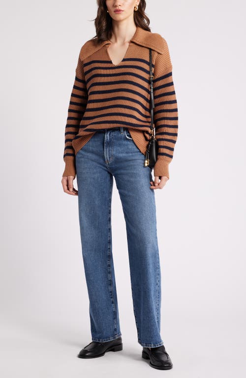 Nordstrom Stripe Long Sleeve Cotton Sweater In Tan- Navy Stripe