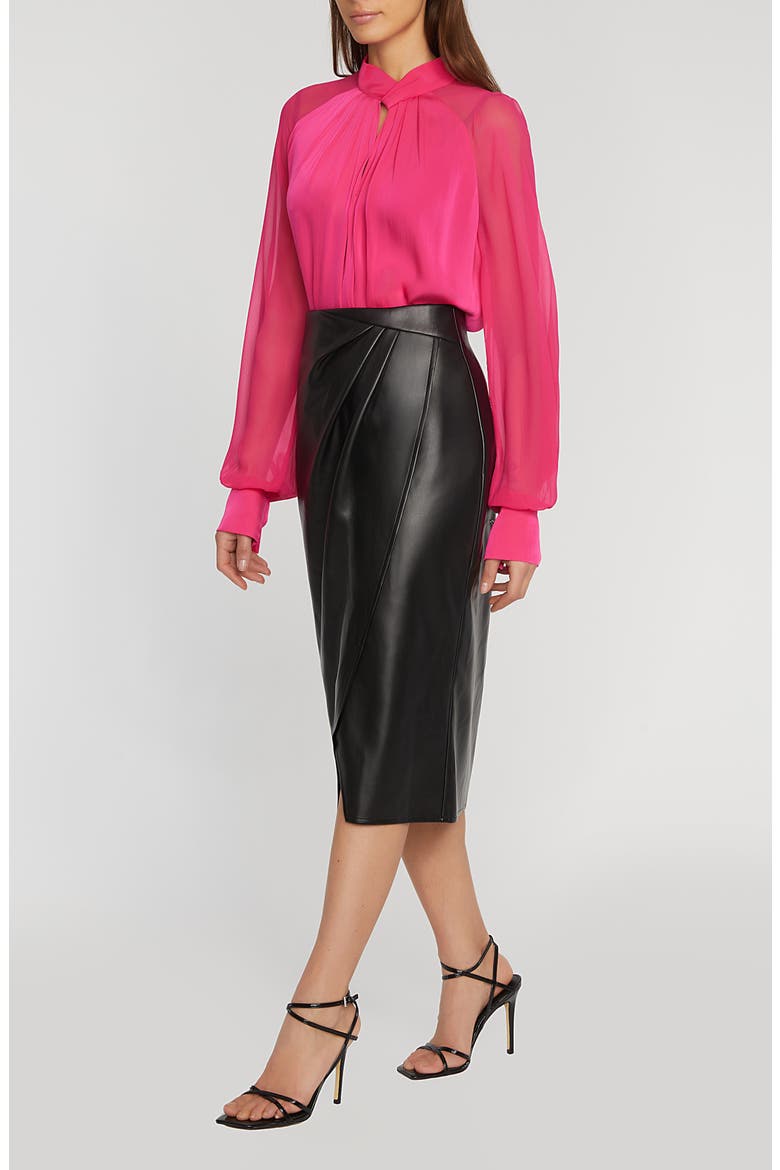 Wrap Twist Front Faux Leather Midi Skirt, Alternate, color, NOIR