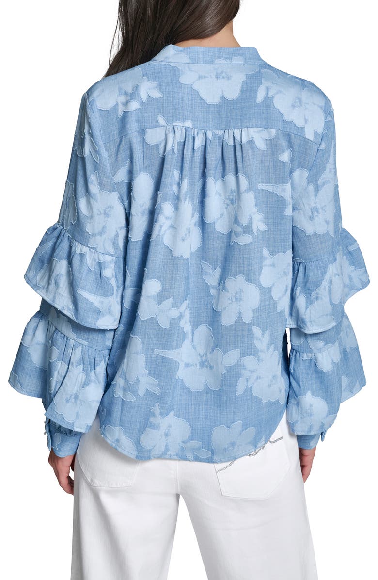KARL LAGERFELD PARIS Floral Ruffle Denim Top, Alternate, color, Medium Wash