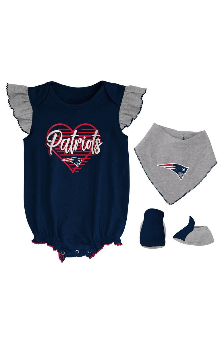 Outerstuff Girls Newborn & Infant Navy/Heathered Gray New England Patriots All The Love Bodysuit Bib & Booties Set, Main, color, 