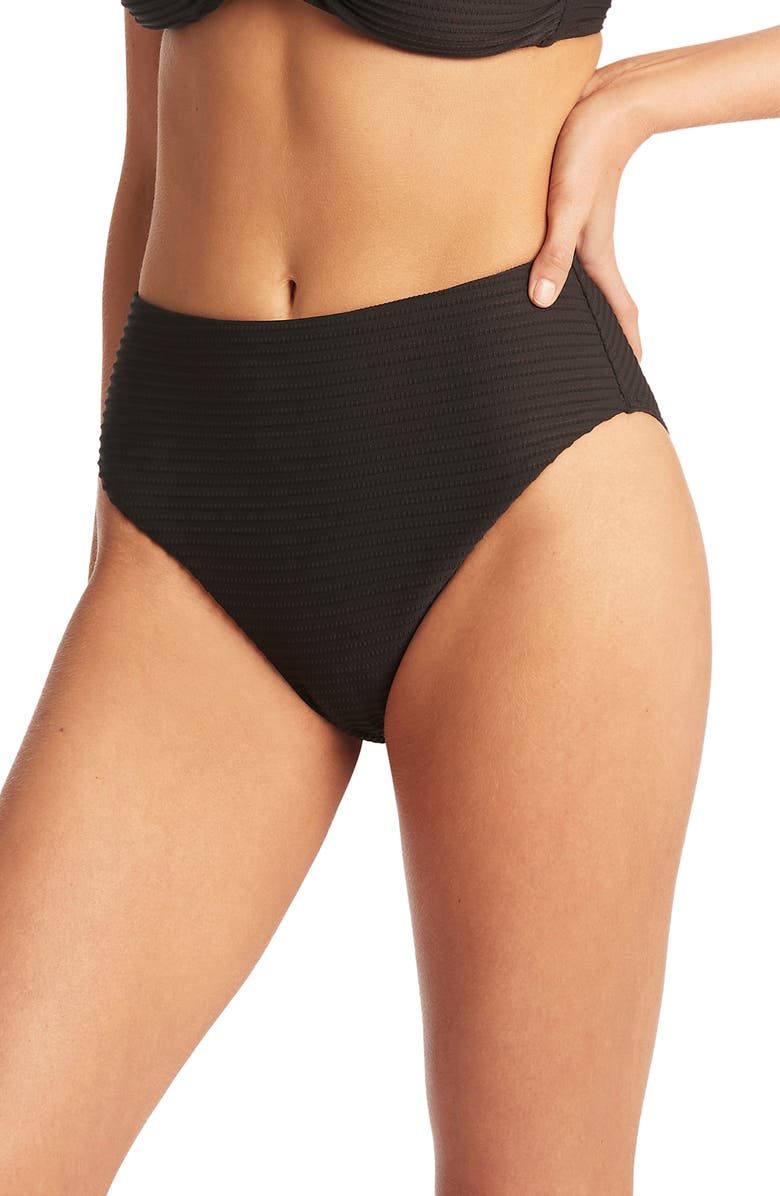 Sea Level Retro High Waist Bikini Bottoms, Alternate, color, Black