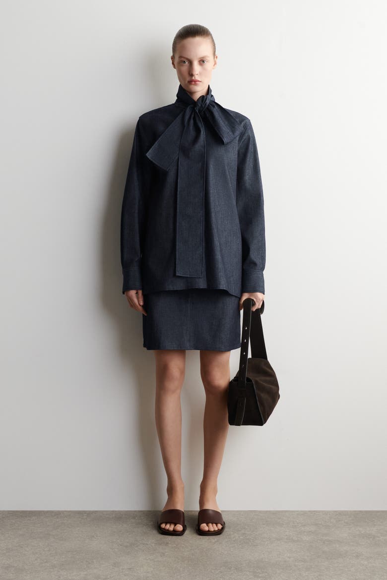 Bow-Detail Denim Shirt, Alternate, color, INDIGO