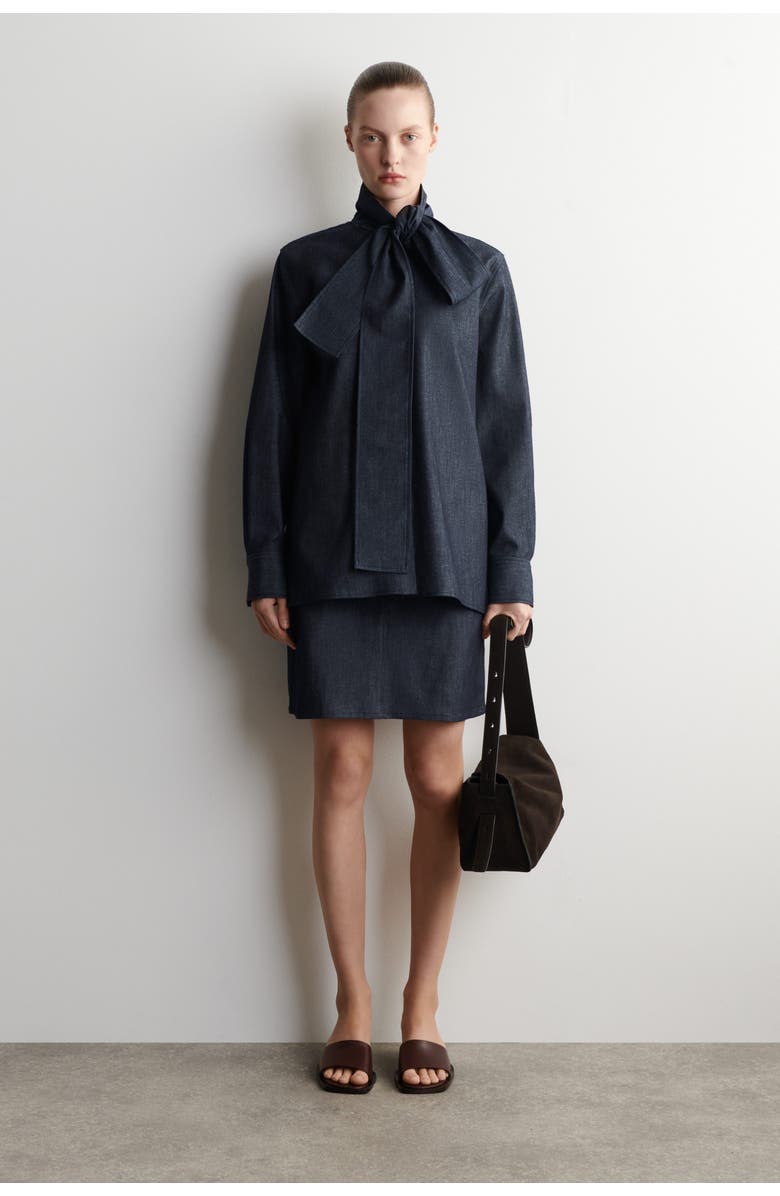 COS Bow-Detail Denim Shirt, Alternate, color, Indigo