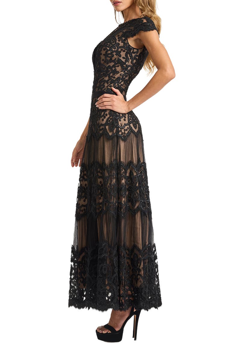 Cap Sleeve Sequin & Lace Midi Dress, Alternate, color, BLACK/ NUDE
