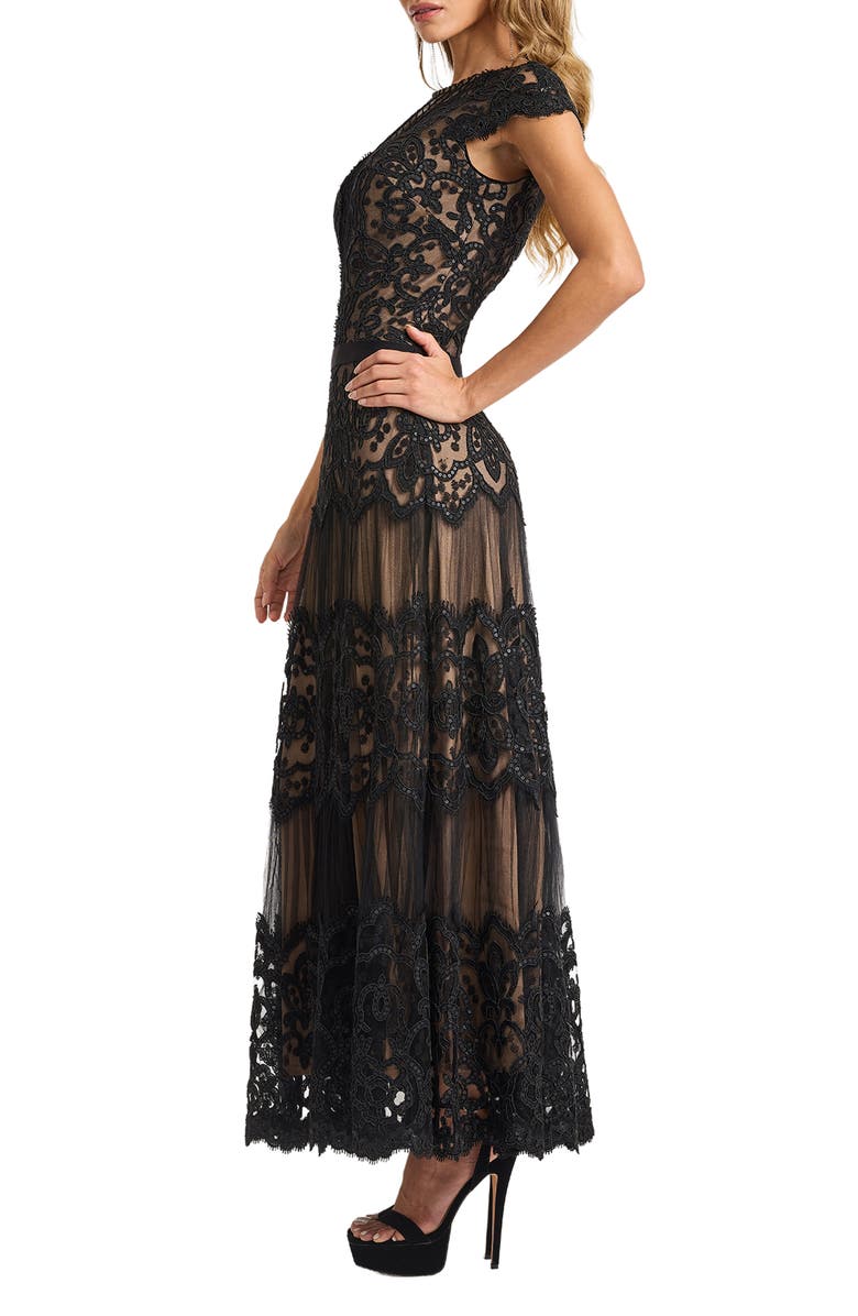 Tadashi Shoji Cap Sleeve Sequin & Lace Midi Dress, Alternate, color, Black/ Nude