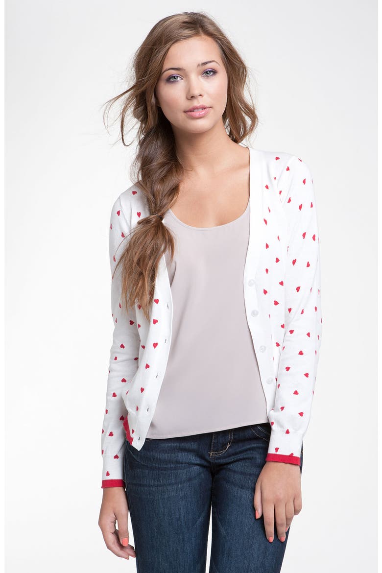 By Design Heart Print Cotton Cardigan, Main, color, WHITE/ RED