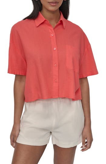 Dkny Jeans Oversize Linen Blend Crop Button-up Shirt In Red