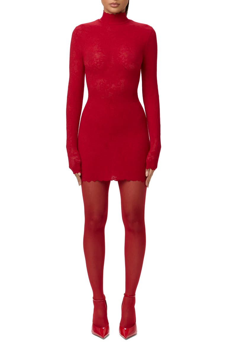 Scalloped Long Sleeve Lace Minidress, Main, color, RUBY RED