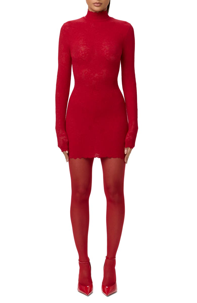 Naked Wardrobe Scalloped Long Sleeve Lace Minidress, Main, color, Ruby Red