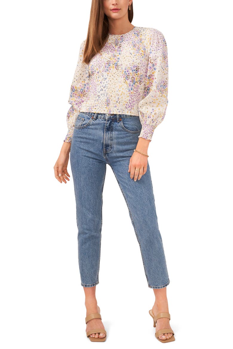 Floral Print Smocked Long Sleeve Cotton Top, Alternate, color, WHITE FLORAL