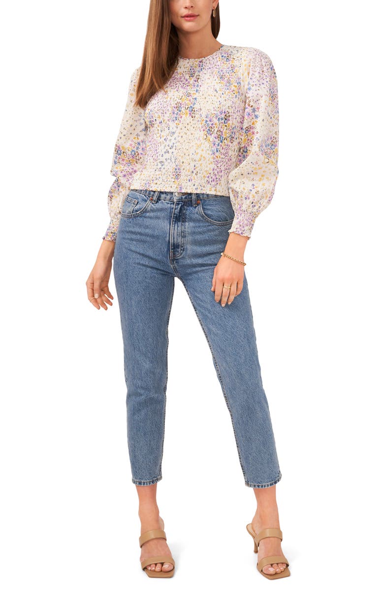 1.STATE Floral Print Smocked Long Sleeve Cotton Top, Alternate, color, 