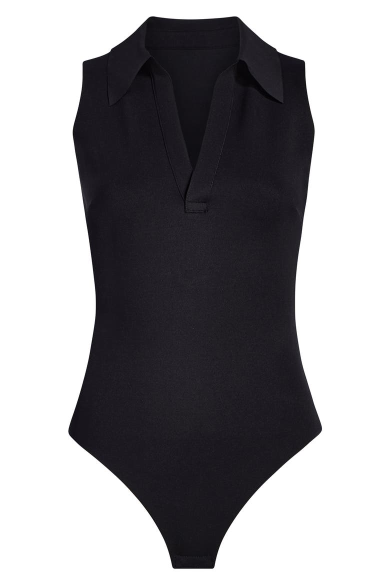Sleeveless V-Neck Polo Neoprene Bodysuit, Alternate, color, BLACK
