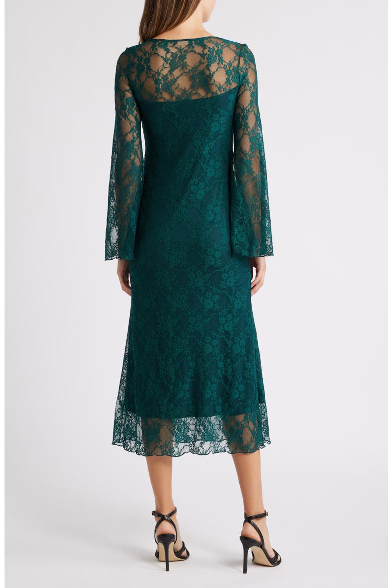 Bell Lace Overlay Long Sleeve Midi Dress, Alternate, color, HUNTER