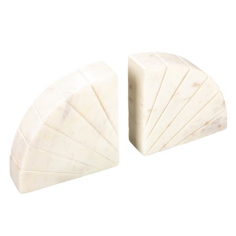 Modern Arched Semicircle Marble Bookends with Carved Detail, Set of 2, White