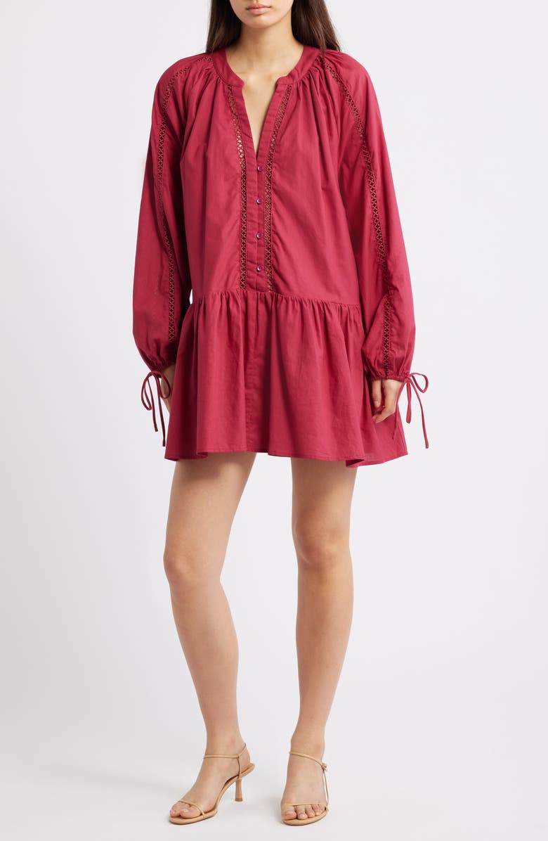 Petal & Pup Hart Long Sleeve Cotton & Linen Minidress, Main, color, Wine