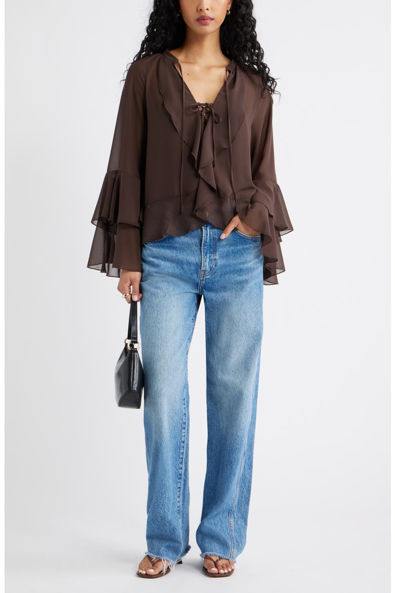 Chiffon Ruffle Trim Top, Alternate, color, BROWN SEAL