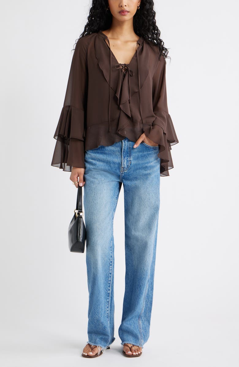 Open Edit Chiffon Ruffle Trim Top, Alternate, color, Brown Seal