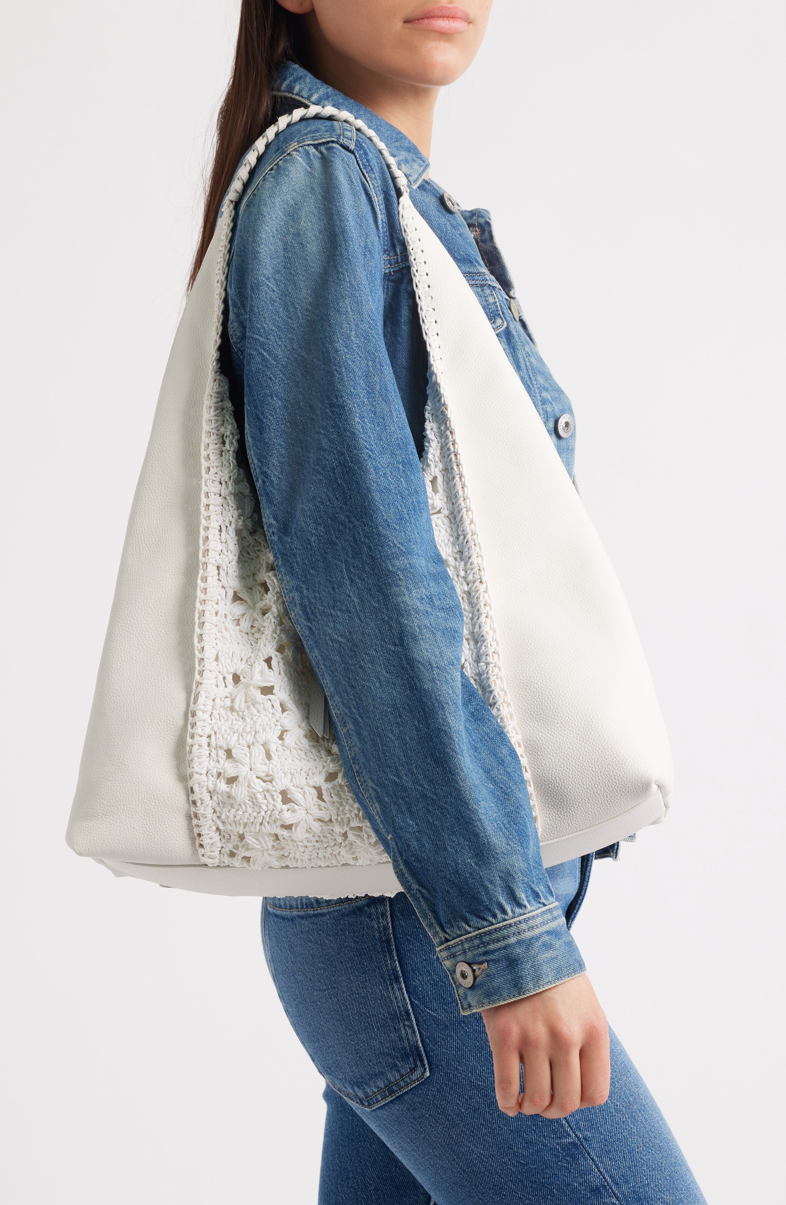 Sam Edelman Sylvia Crochet Panel Leather Hobo, Alternate, color, Eggshell