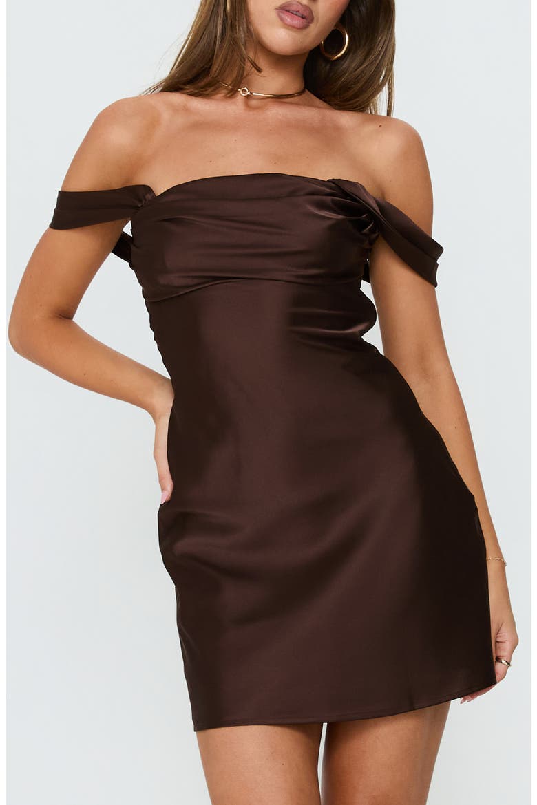 Zabbarra Off the Shoulder Satin Minidress, Alternate, color, BROWN