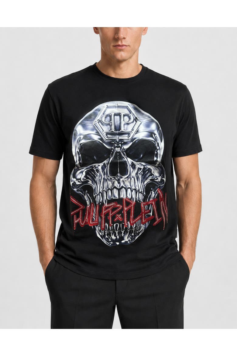 Jersey T-Shirt Skull Metallic Neon Men, Main, color, black