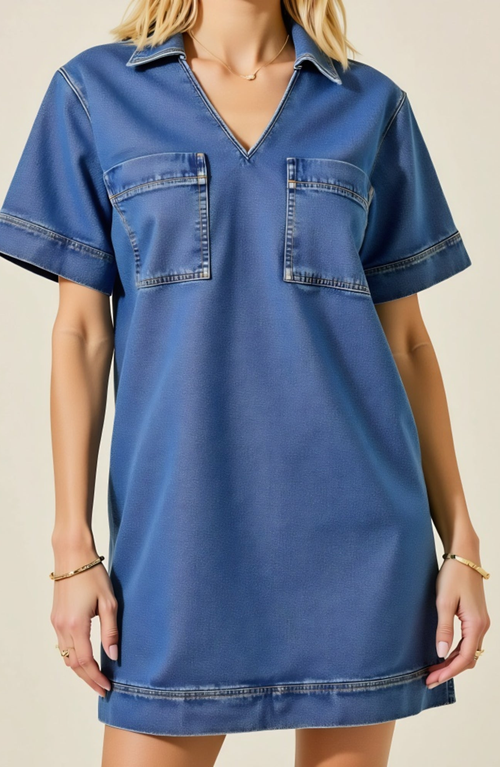 Modenaire Denim Mini Shirt Dress With Short Sleeves And Chest Patch Pockets In Blue