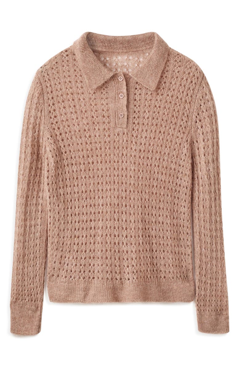 MANGO Openwork Knit Polo, Alternate, color, Medium Brown