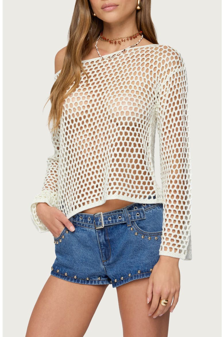 Kalley Off the Shoulder Long Sleeve Mesh Top, Alternate, color, CREAM