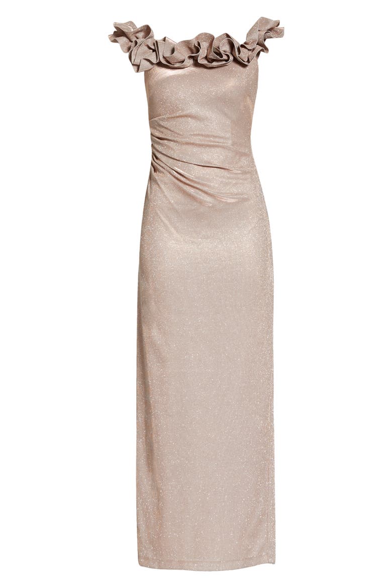 Glitter Ruffle Off the Shoulder Back Slit Gown, Alternate, color, BLUSH/ SILVER