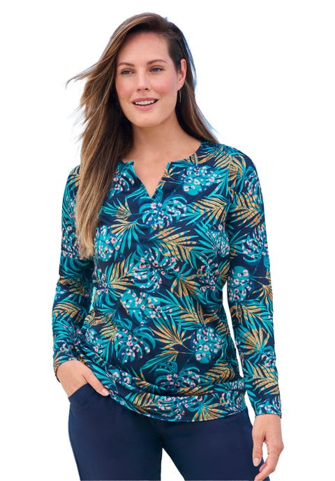 Split-Neck Long Sleeve Swim Tee with Built-In Bra (Plus)