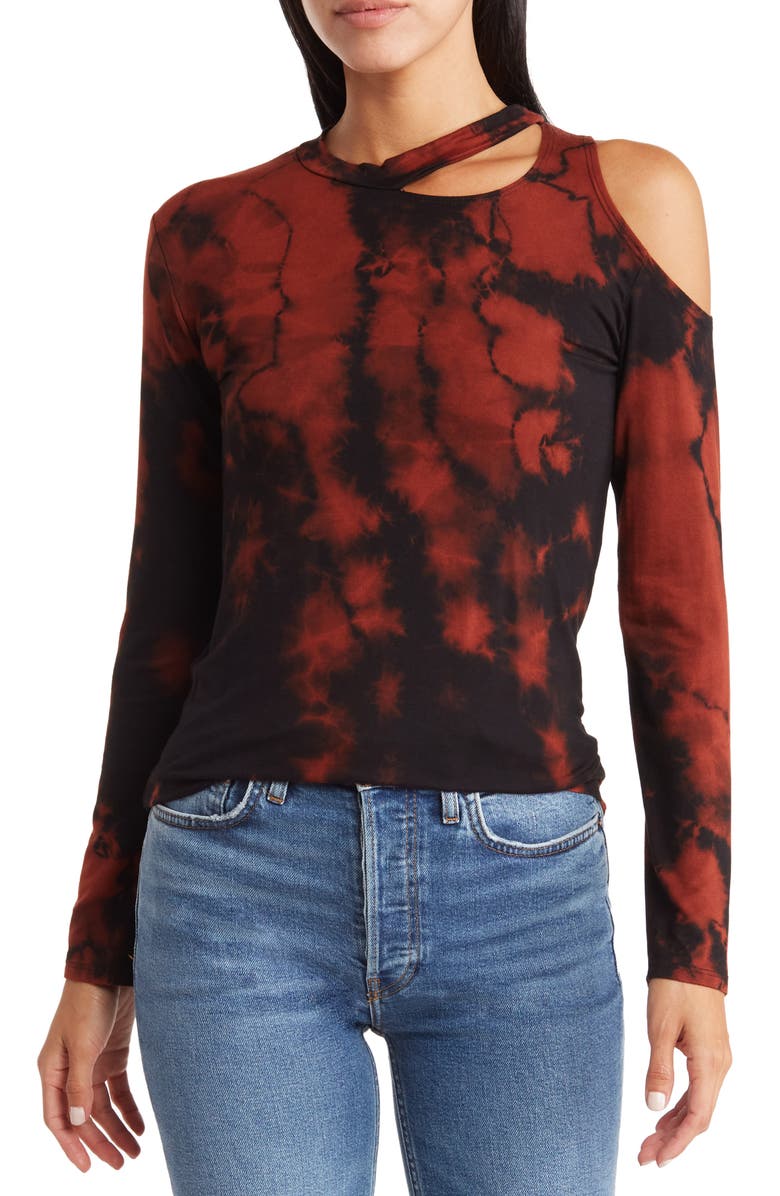 GO COUTURE Tie Dye Shoulder Cutout Top, Main, color, Black
