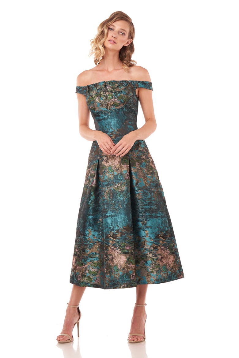 Carina Metallic Jacquard Off the Shoulder Cocktail Dress, Alternate, color, TEAL MULTI