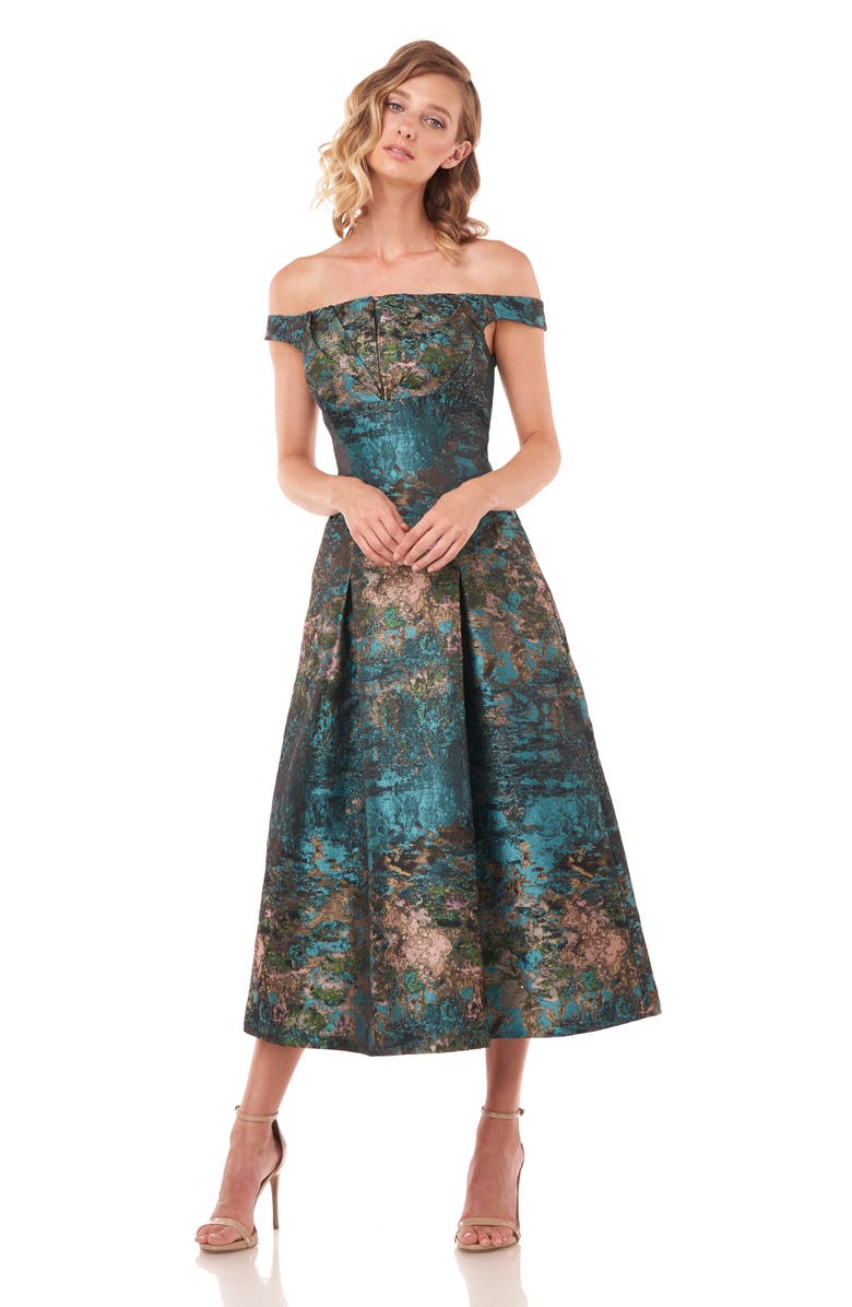 Kay Unger Carina Metallic Jacquard Off the Shoulder Cocktail Dress, Alternate, color, 