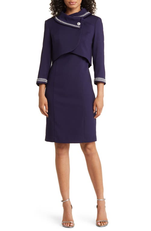 TAHARI ASL Beaded Jacket & Sheath Dress in Midnight Navy