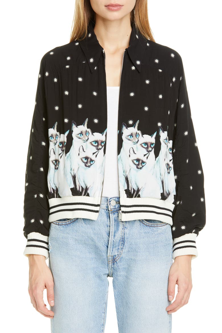 Siamese Cat & Stars Graphic Bomber Jacket, Main, color, BLACK BASE