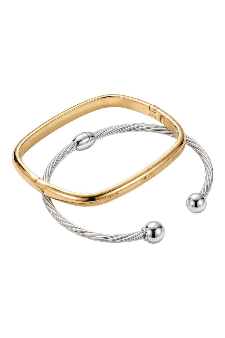 Set of 2 Two Tone Bangle & Cuff Bracelets, Main, color, GOLD/ SILVER