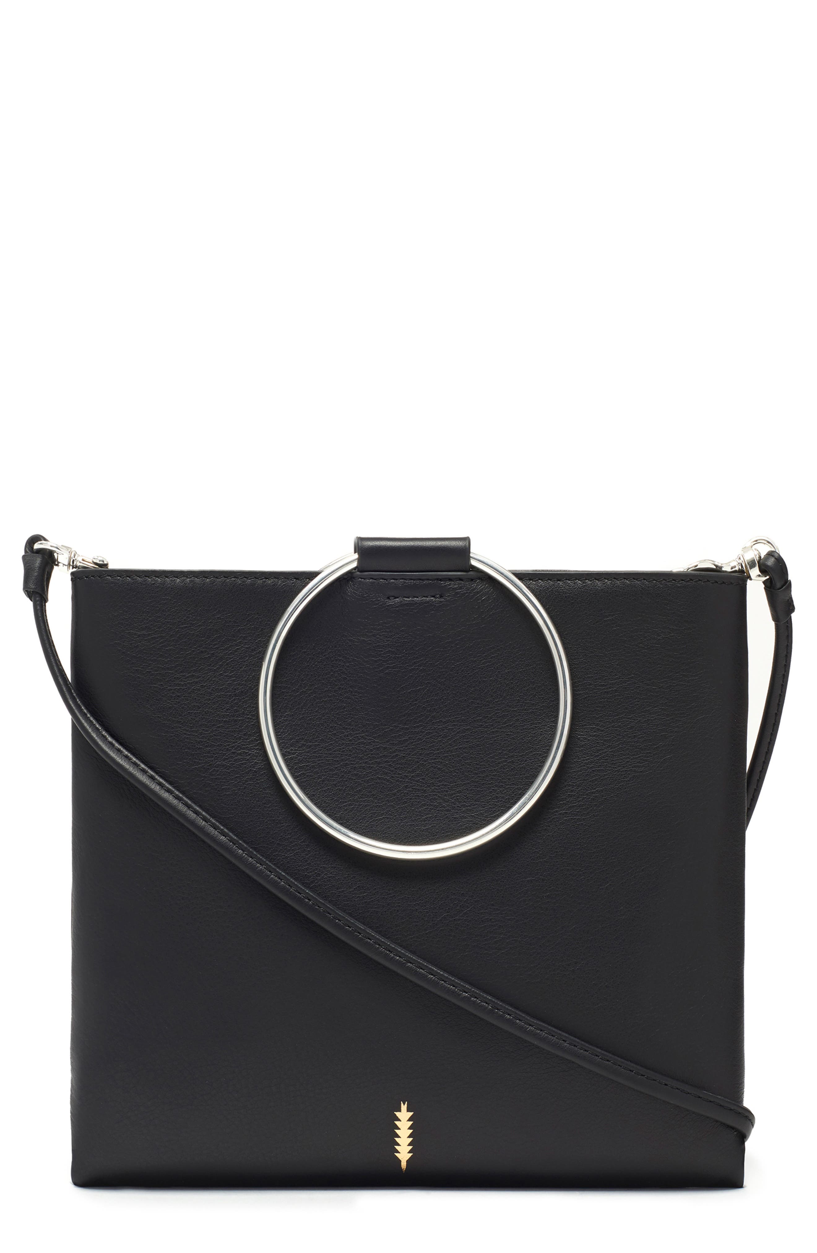Le Pouch Ring Handle Leather Shoulder Bag, Main, color, BLACK W/SILVER
