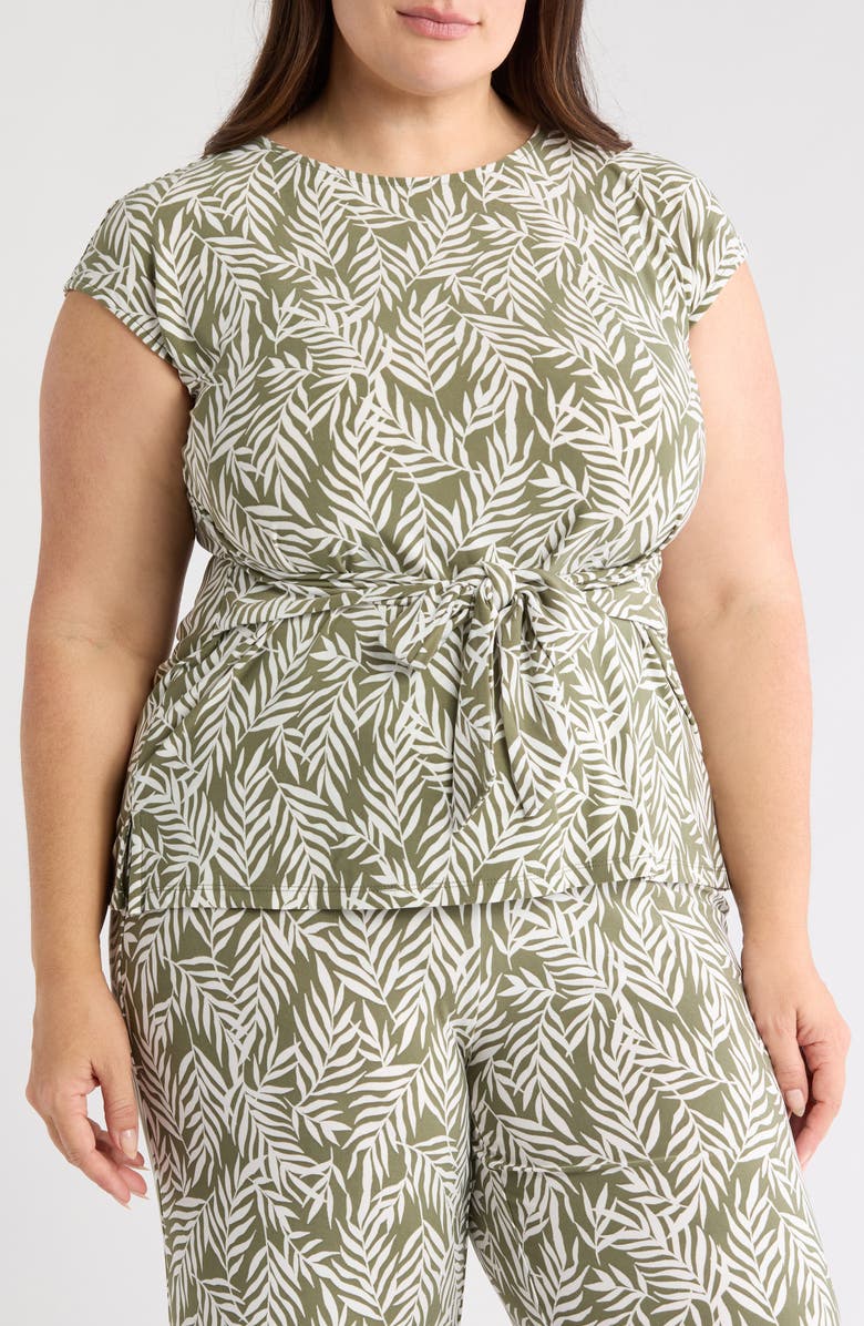 KASPER Frond Print Cap Sleeve Tie Front Top, Main, color, 