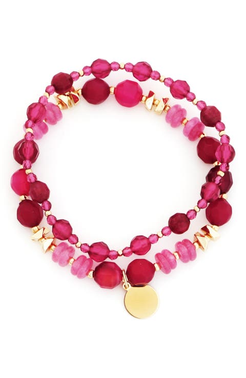 Set of 2 Magenta Beaded Stretch Bracelets