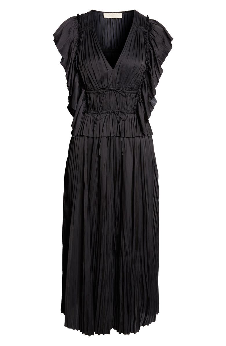 Ulla Johnson Letty Ruffle Detail Pleated Satin Dress, Alternate, color, Noir