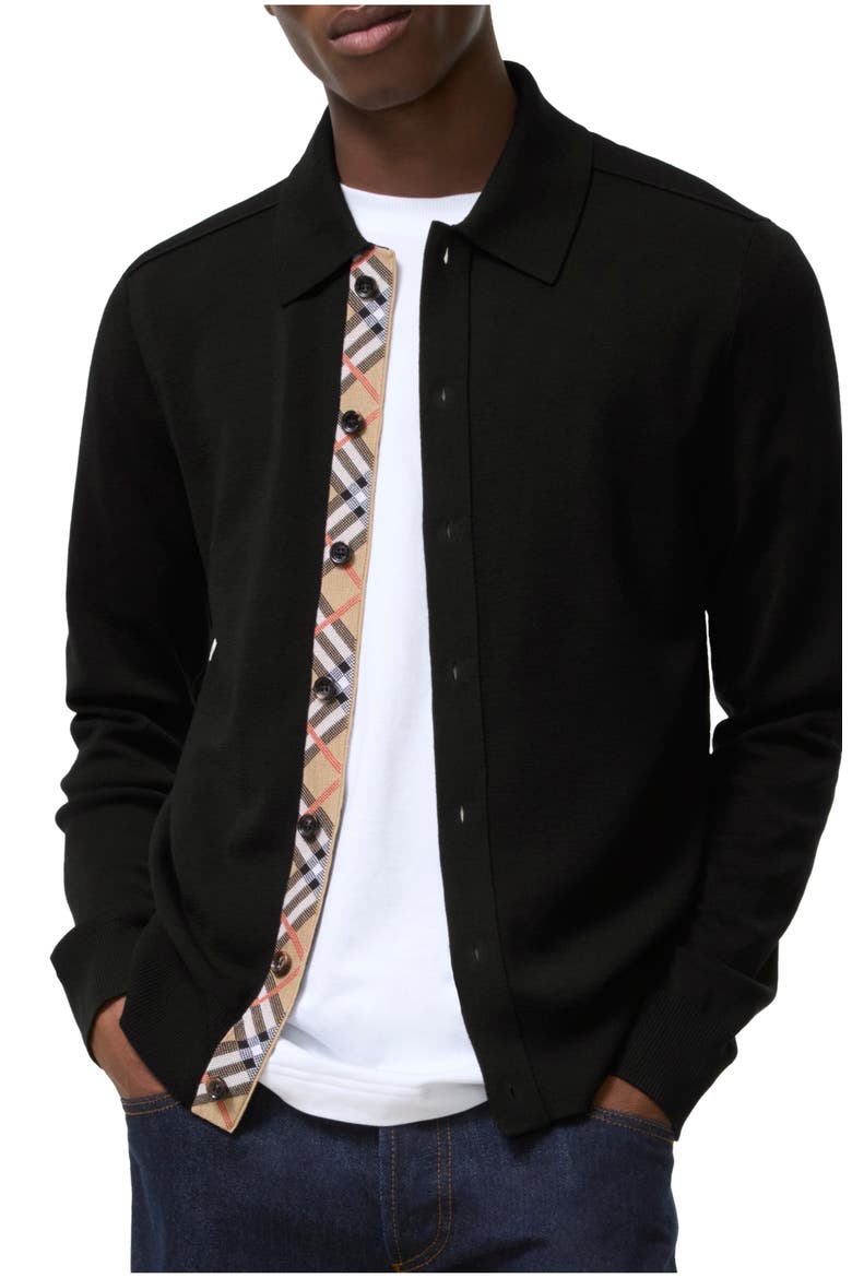 Check Trim Wool Cardigan, Main, color, Black