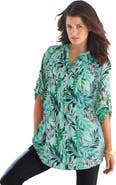 Roaman's Pintuck Tunic Blouse Y-Neck & Roll-Tab Sleeves