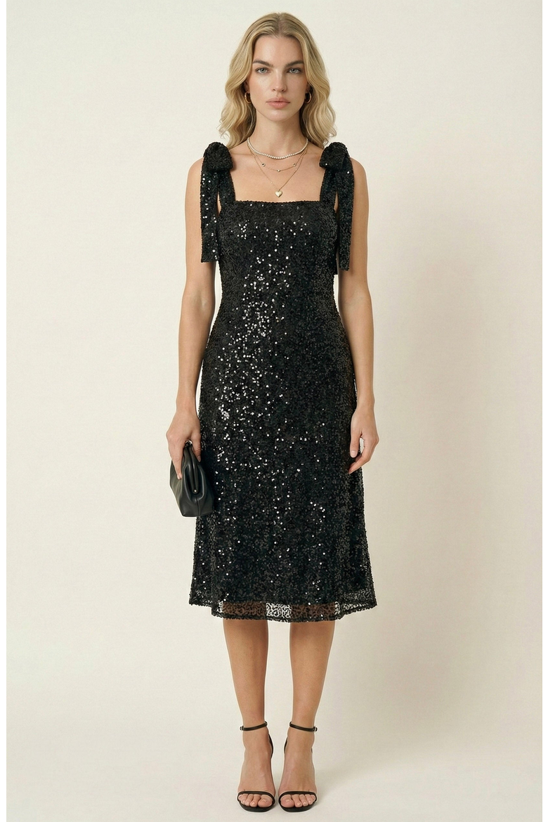 Sequin Midi Dress with Tie Straps and Square Neckline, Main, color, Black Sequin