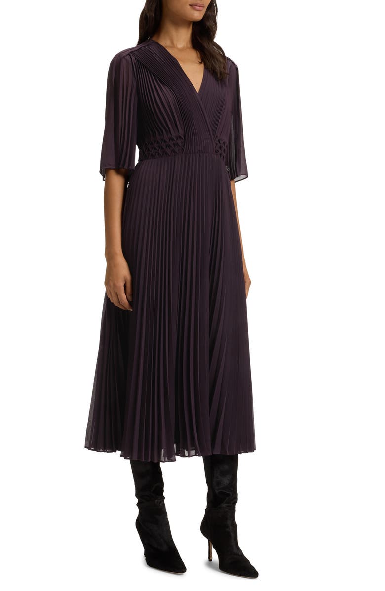 BOSS Dailey Pleated Midi Dress, Alternate, color, Dark Carmine