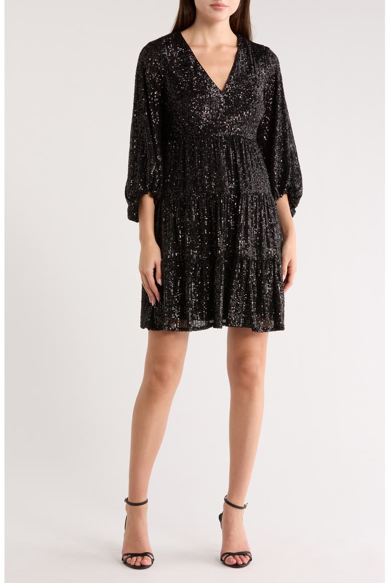 Sequin Tiered Cocktail Dress, Main, color, BLACK