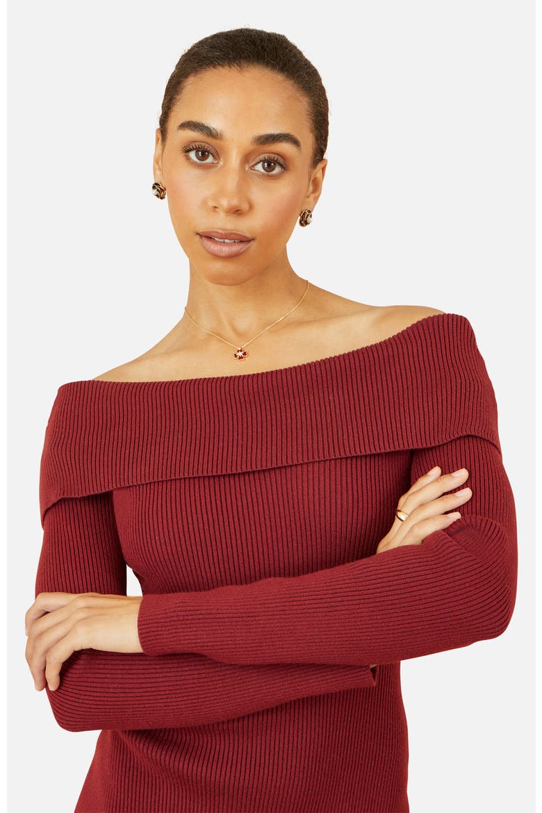 Bardot Knitted Fitted Midi Dress, Alternate, color, Burgundy