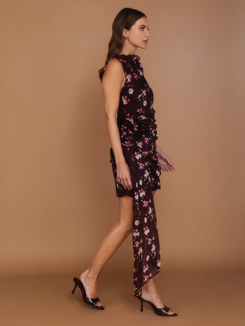 Six Stories Floral Coursage Ruched Mini Dress In Burgundy